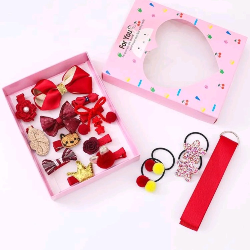 18 Piece Toddler Girls Bow and Flower Hair Accessory Gift Set Red